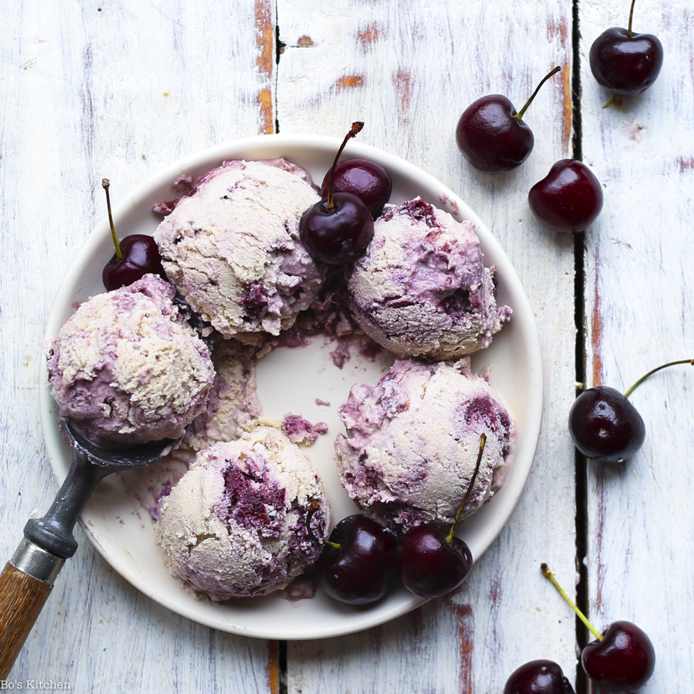 cherry cheesecake ice cream made with coconut and cashews