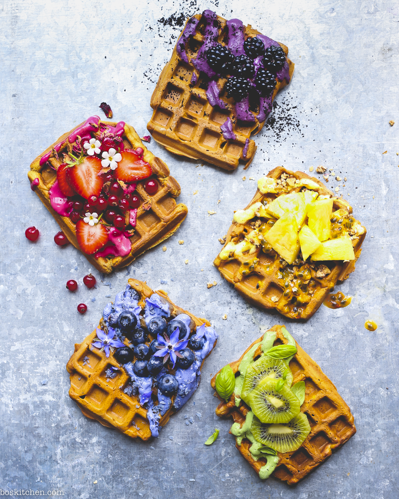 rye waffles with rainbow toppings